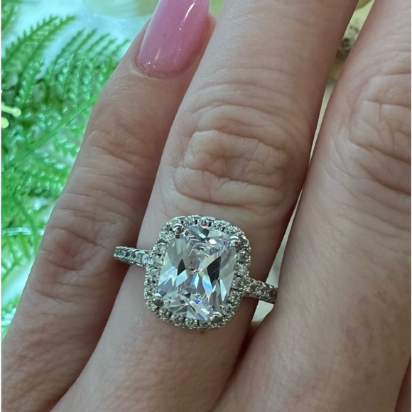 Large Cushion Cut Fancy Diamond Halo Engagement Ring Solid 925 Sterling Silver - Picture 5 of 15